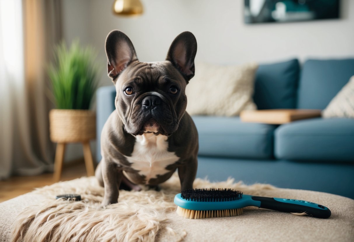 Un Bulldog Français perd des poils dans un salon confortable, avec une brosse et des outils de toilettage à proximité.