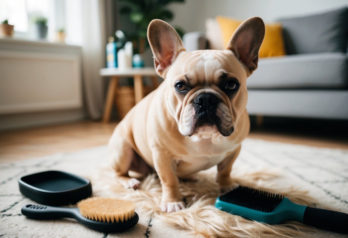 Un bulldog français perdant des poils dans un salon confortable, avec une brosse et des fournitures de toilettage à proximité.