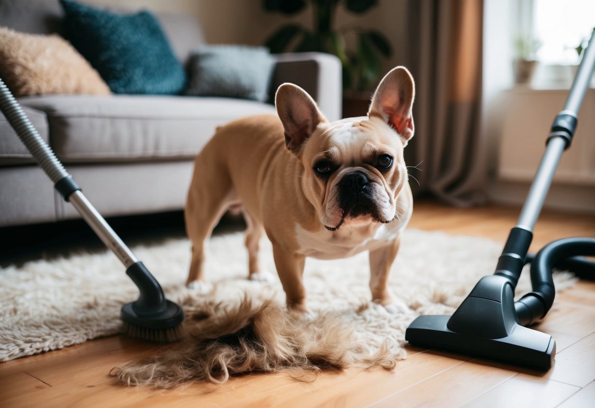 Un Bulldog Français perdant des poils dans un salon confortable, avec des cheveux éparpillés sur le sol. Une brosse et un aspirateur à proximité offrent des solutions.
