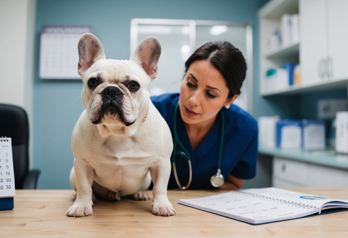Un bulldog français perdant des poils, avec un propriétaire inquiet regardant un calendrier et un cabinet vétérinaire en arrière-plan.