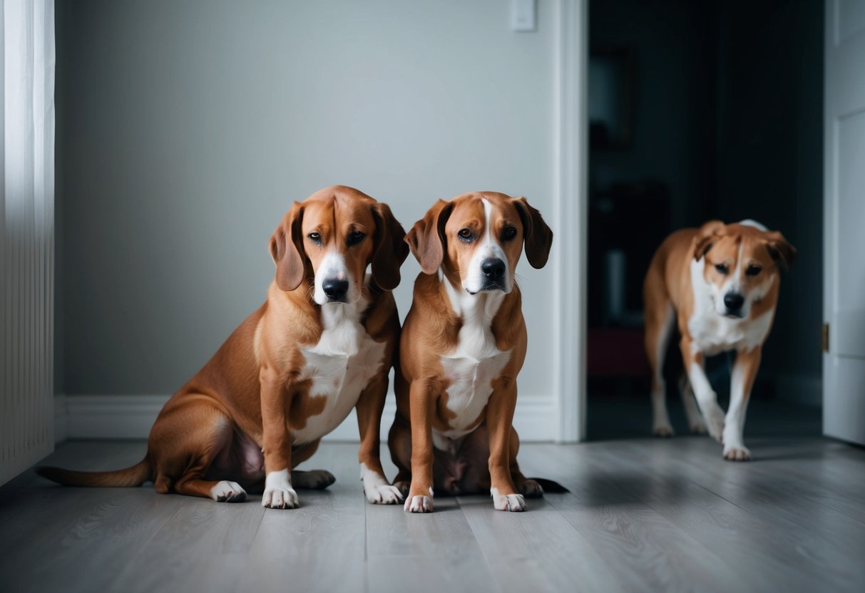 Deux chiens sont assis côte à côte, l'un avec une queue tombante et des yeux baissés, tandis que l'autre fait les cent pas anxieusement, gémissant doucement. La pièce est emplie d'un sentiment palpable de solitude et de désir.