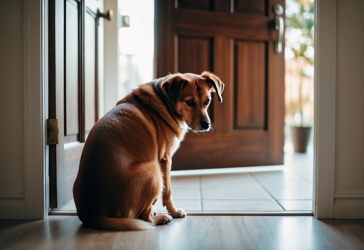 Un chien est assis près de la porte, ayant l'air désespéré alors que son propriétaire s'en va. Les oreilles du chien sont tombantes et sa queue est repliée entre ses pattes, montrant des signes d'anxiété et de tristesse.