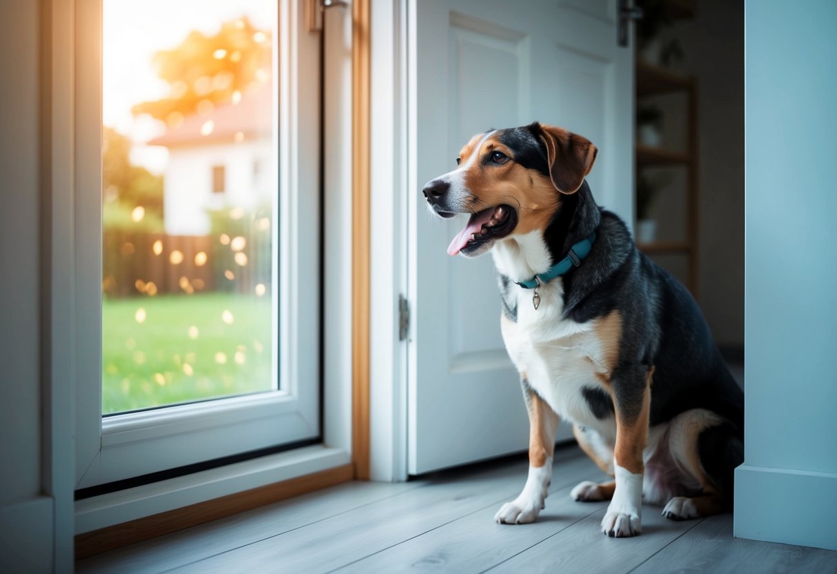 Un chien s'agite anxieusement en faisant des allers-retours près de la porte, gémissant et regardant par la fenêtre, alors que son propriétaire quitte la maison.