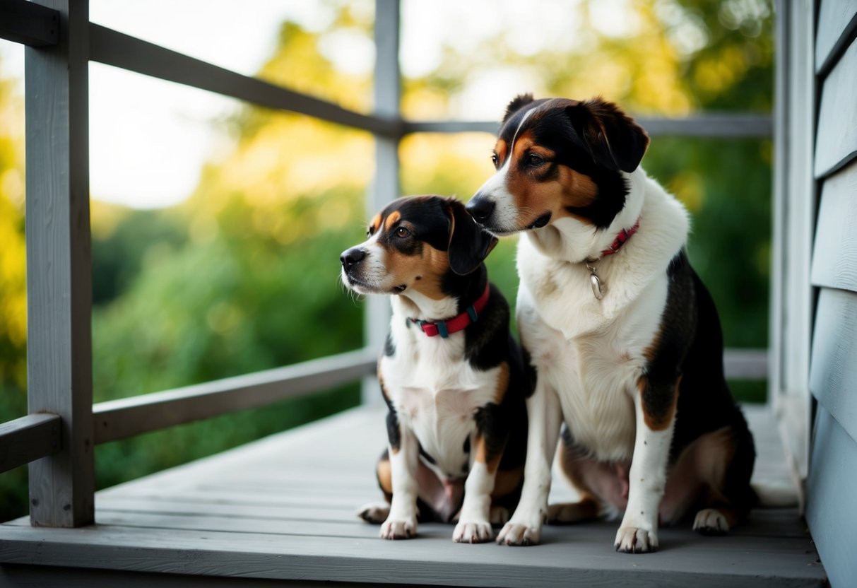 Deux chiens assis sur un porche, l'un regardant tristement au loin tandis que l'autre le câline et le réconforte.