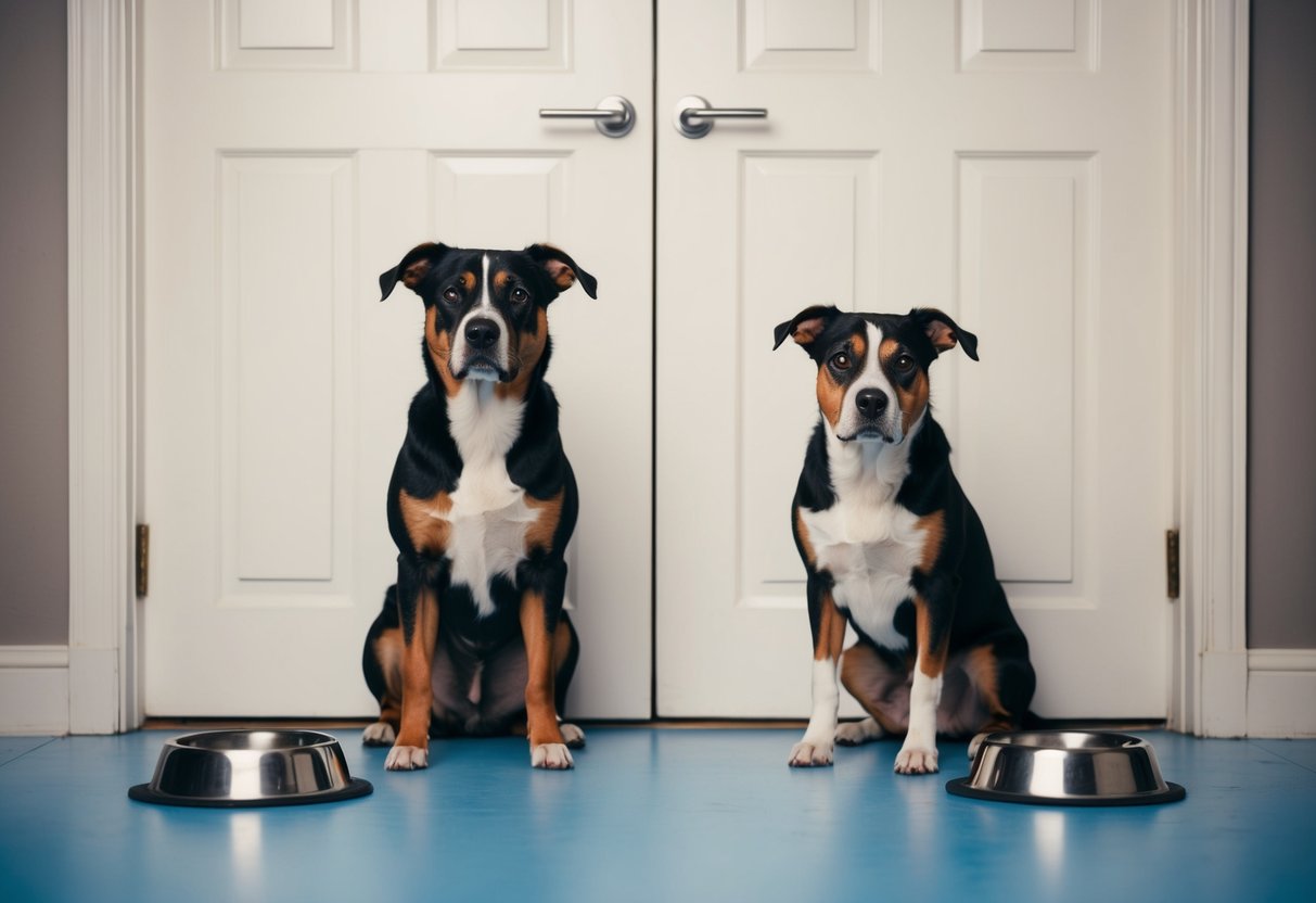 Deux chiens assis de chaque côté d'une porte fermée, l'un avec une expression triste et l'autre ayant l'air anxieux. Leurs gamelles de nourriture et d'eau sont intactes.