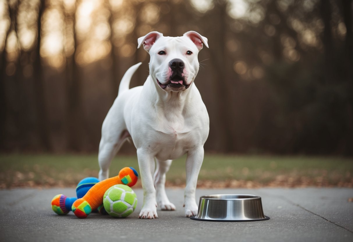 Un Staffordshire Bull Terrier blanc se tenant fièrement, avec une carrure musclée et un pelage court, entouré de jouets et d'une gamelle d'eau.