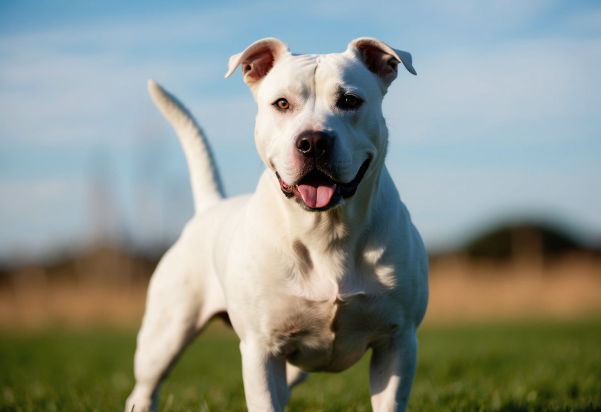 Un Staffie blanc se tient fièrement, avec une carrure musclée et un pelage court et lisse. Son expression alerte et sa posture forte dégagent confiance et loyauté.