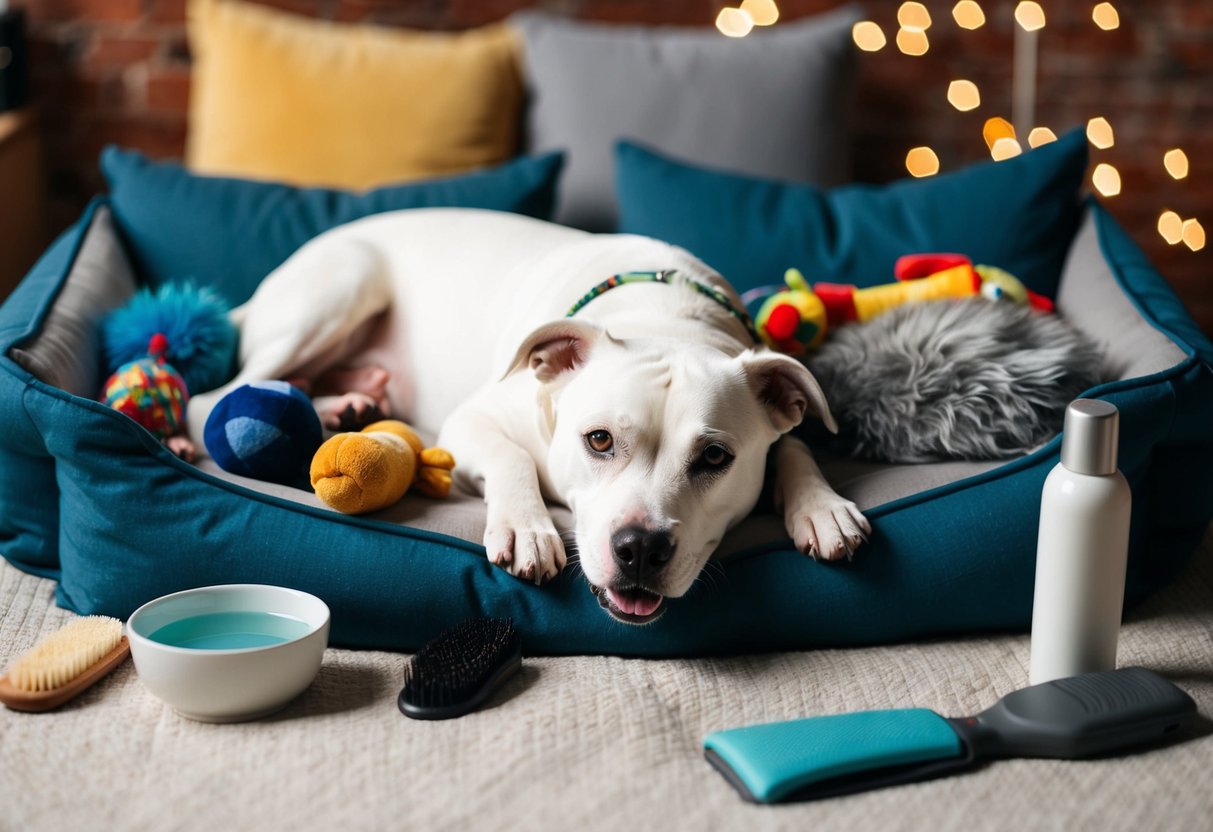 Un Staffie blanc allongé dans un lit douillet, entouré de jouets et d'un bol d'eau. Une brosse et des produits de toilettage sont à proximité.