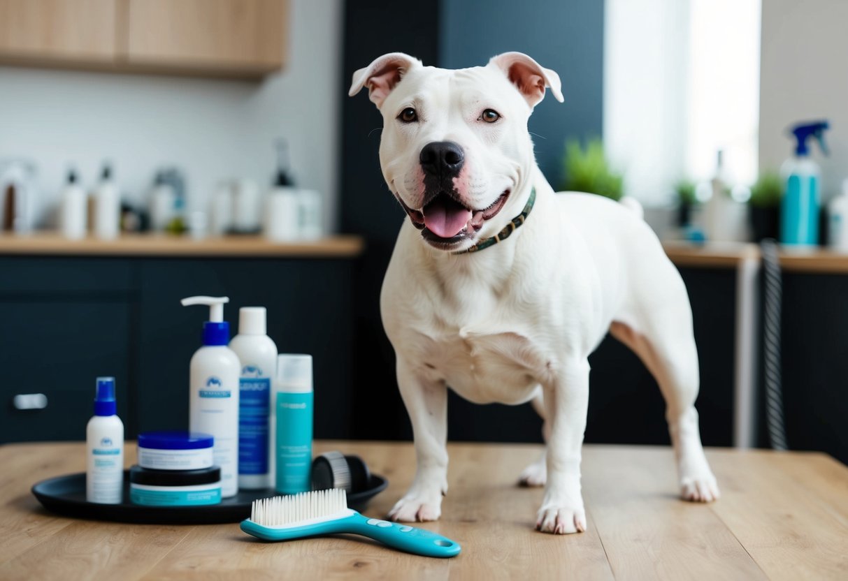 Un Staffordshire Bull Terrier blanc se tenant fièrement avec une expression vive et alerte, entouré de produits de toilettage et de soins.
