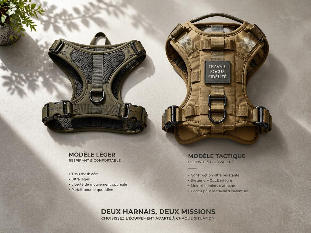 Deux harnais tactiques pour chien, modèle léger et complet, en photographie professionnelle